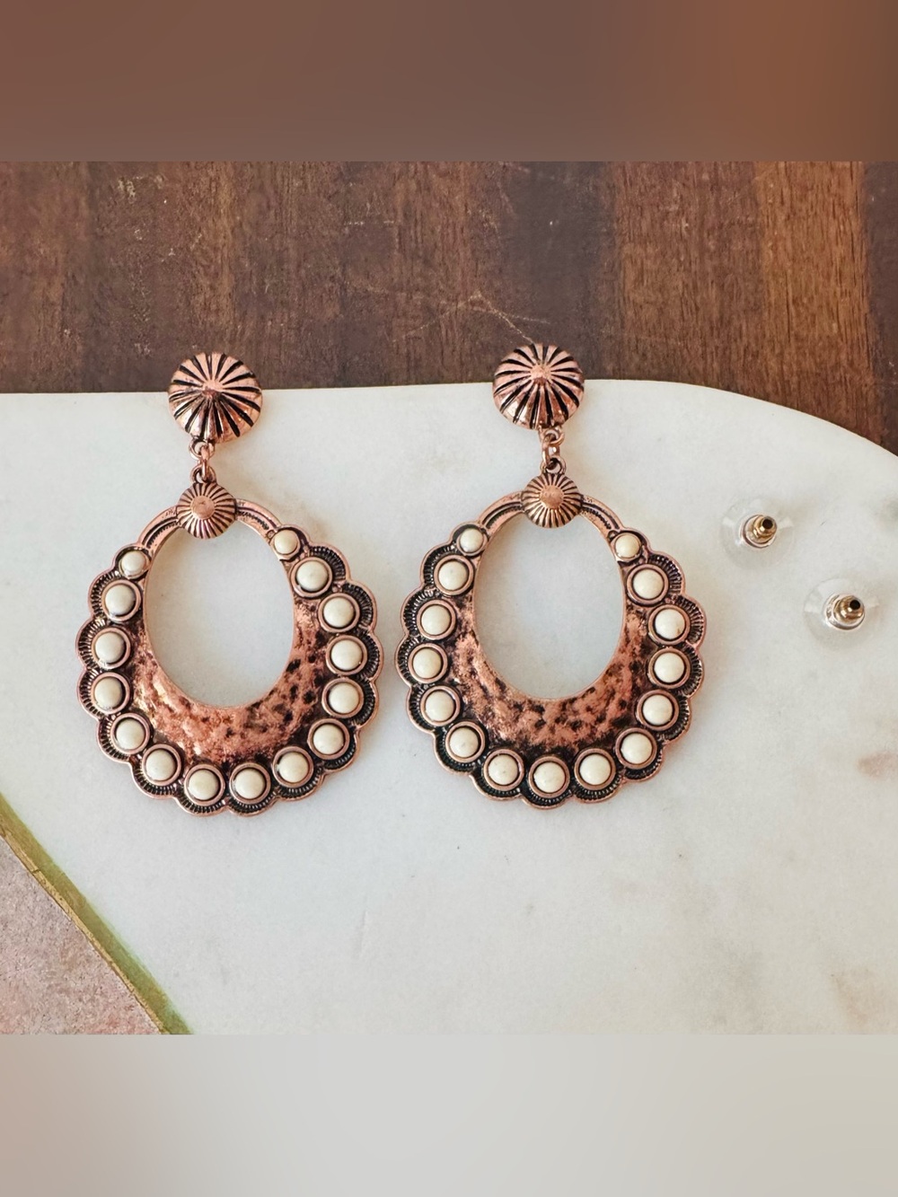 Rose Gold Copper Western Concho Ivory Cabochon Statement Dangle Earrings